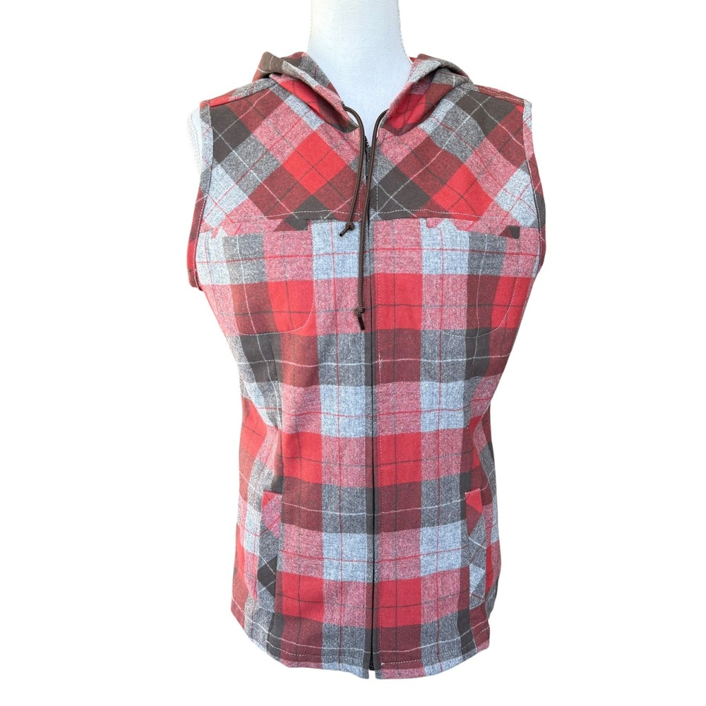 Pendleton Red Grey Plaid 100% Virgin Wool Hooded Full Zip Vest Womens Medium
